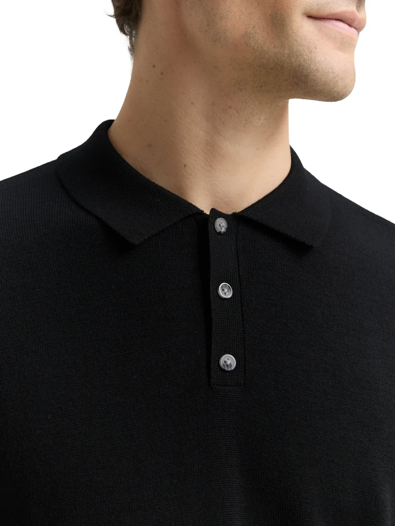 merino wool knit polo, Black