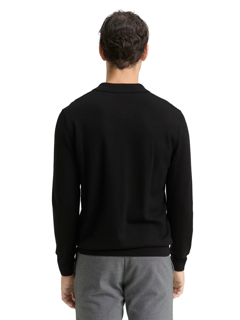 merino wool knit polo, Black