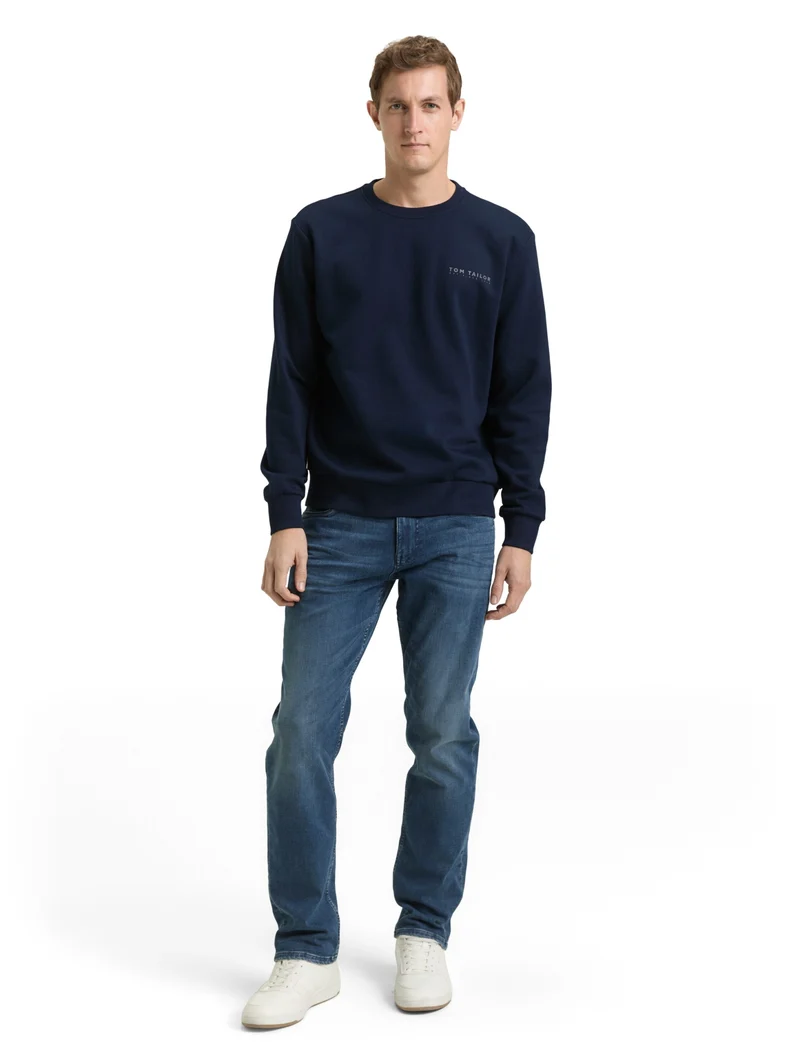 printed crew neck sweater, sky captain blue