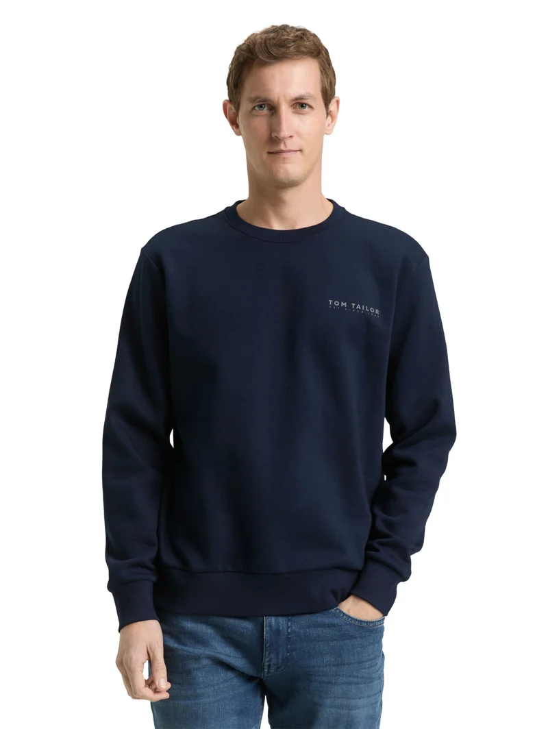 printed crew neck sweater, sky captain blue