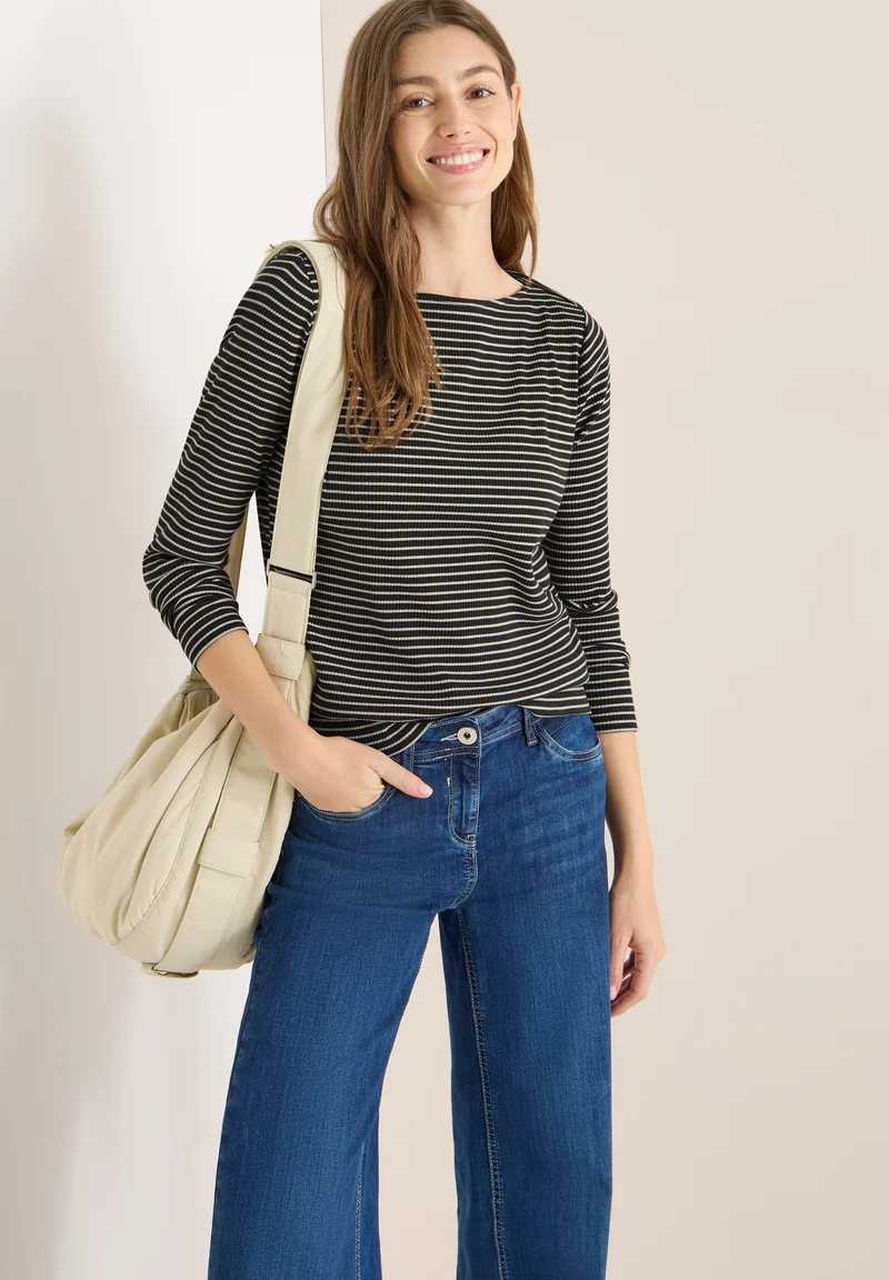 Stripe Rib Boatneck Shirt, raw khaki