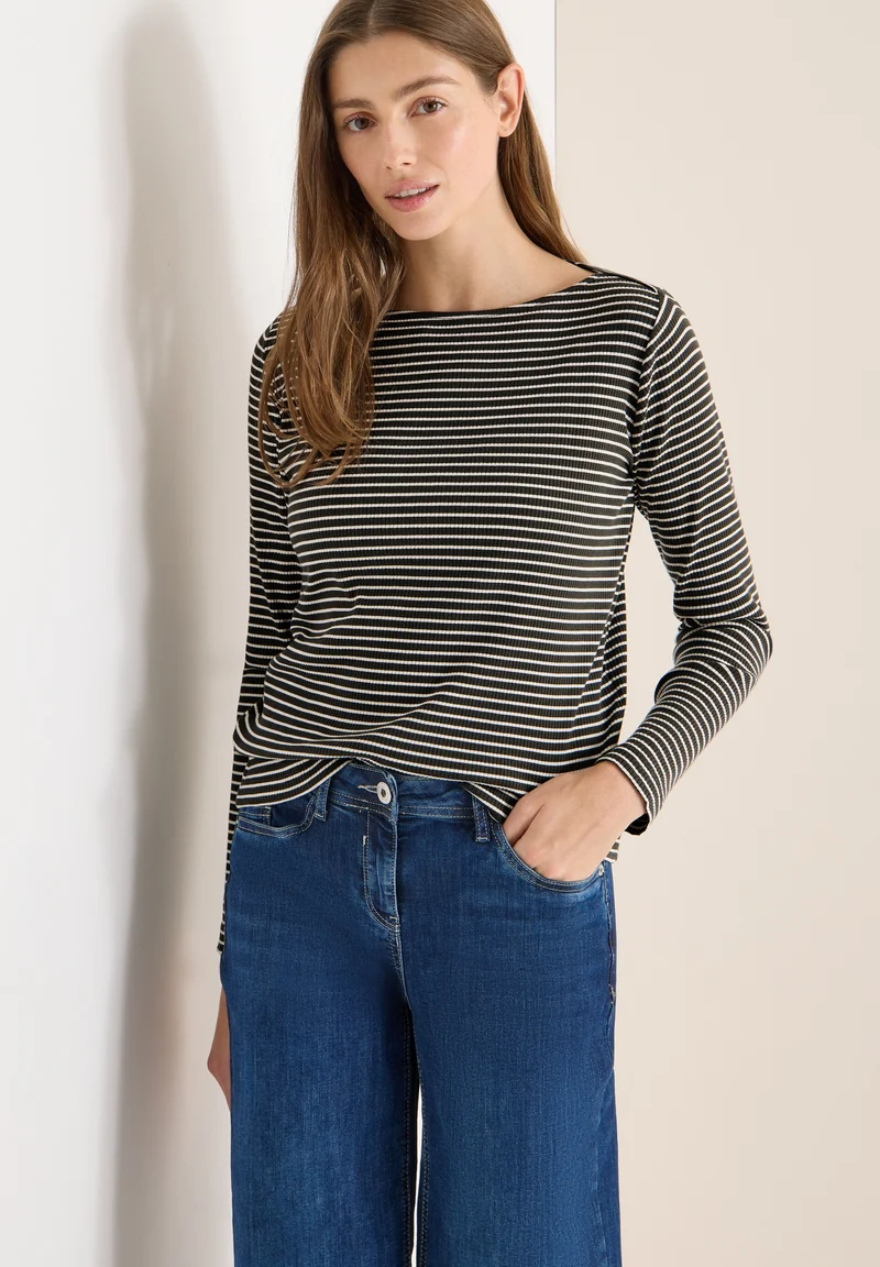 Stripe Rib Boatneck Shirt, raw khaki