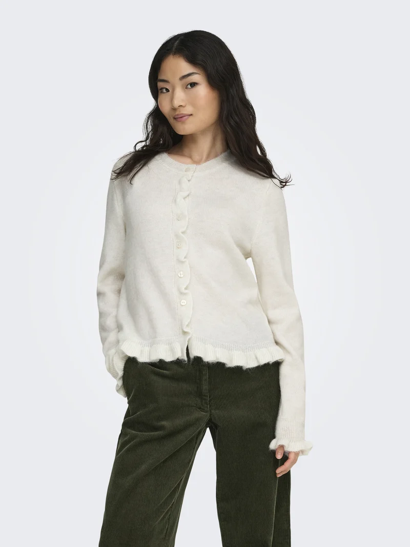 JDYLETTY L/S ON FRILL CARDIGAN KNT, Cloud Dancer/MELANGE