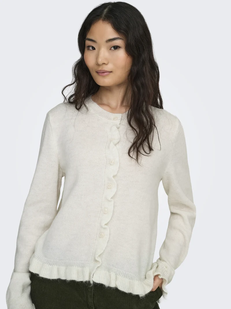 JDYLETTY L/S ON FRILL CARDIGAN KNT, Cloud Dancer/MELANGE