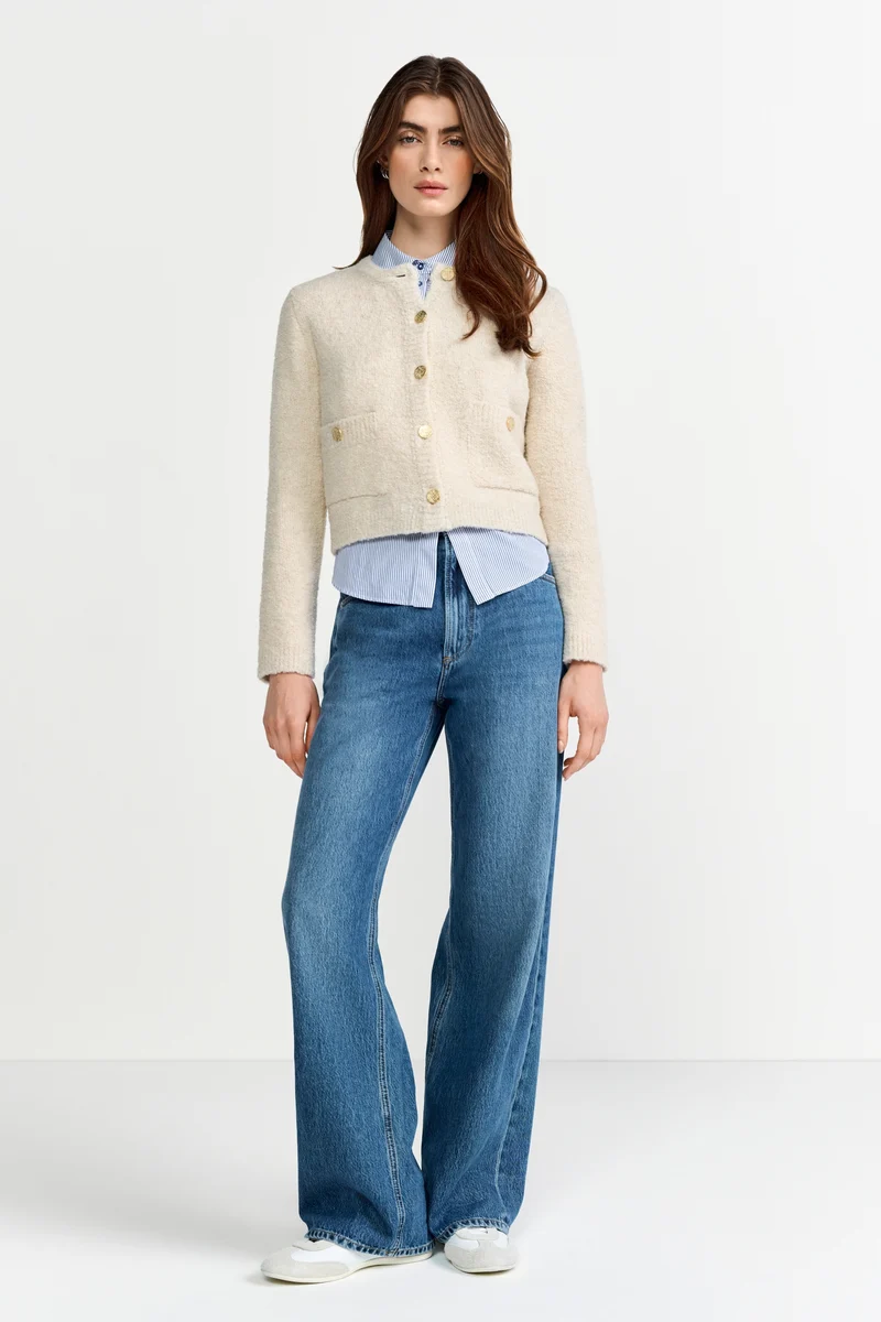 Crew-Neck Cardigan Bouclé, caffee latte