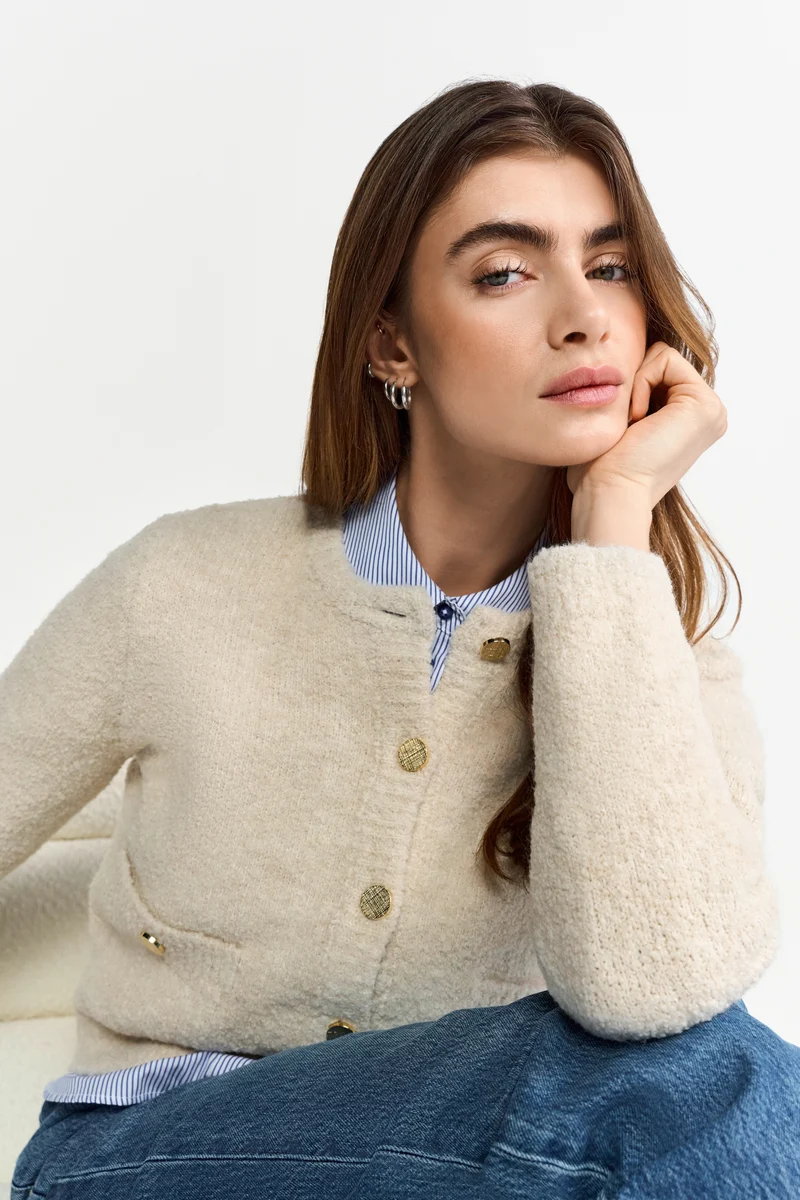 Crew-Neck Cardigan Bouclé, caffee latte