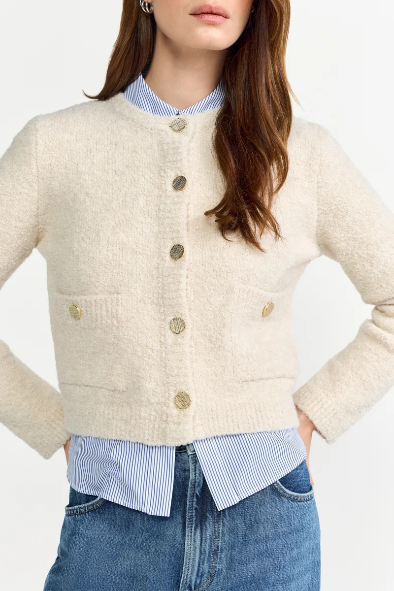 Crew-Neck Cardigan Bouclé, caffee latte