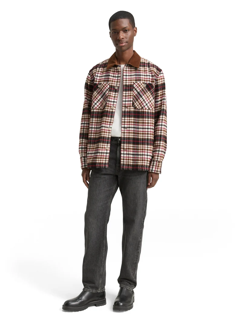 checked overshirt with contras, brown red black check