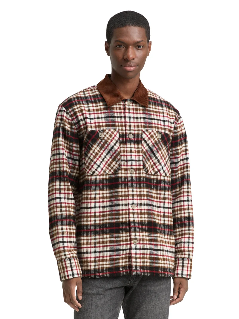 checked overshirt with contras, brown red black check