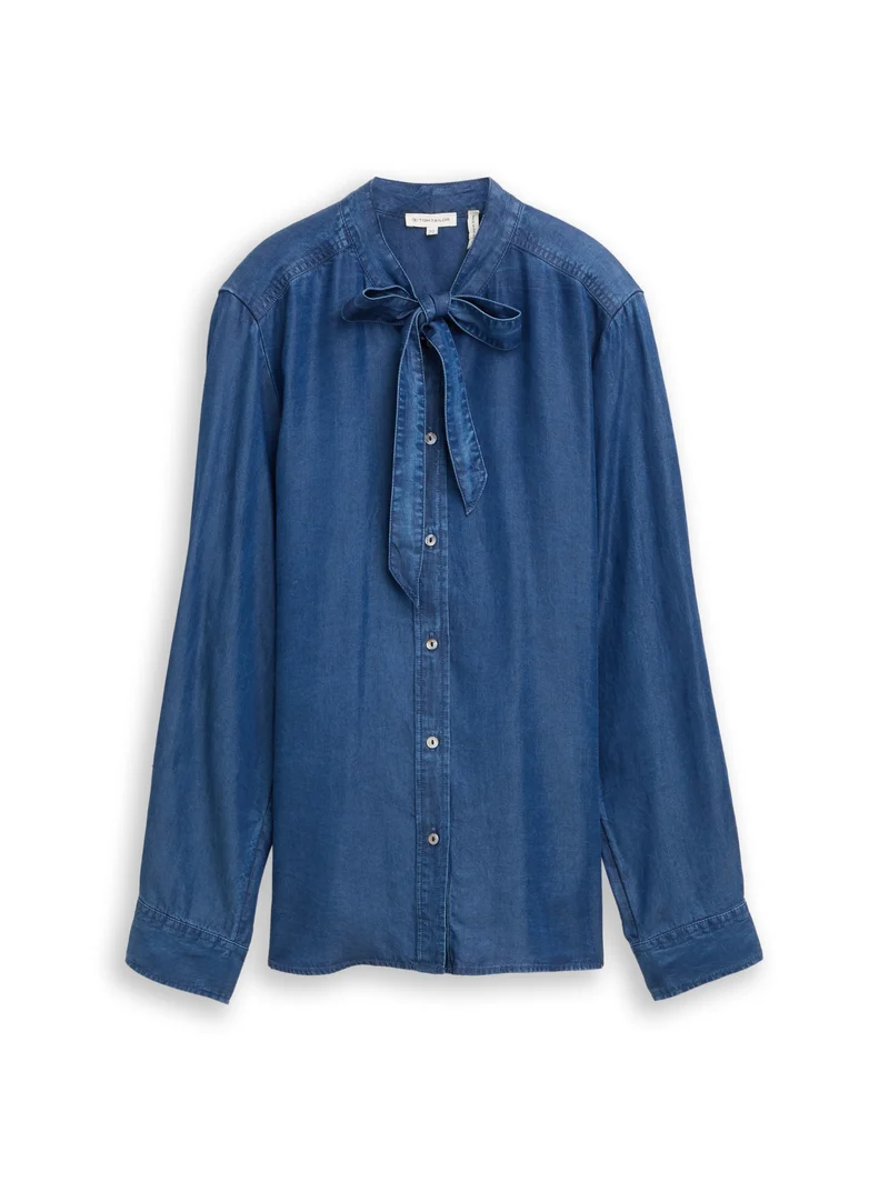 blouse denim look with bow tie, blue denim dark wash