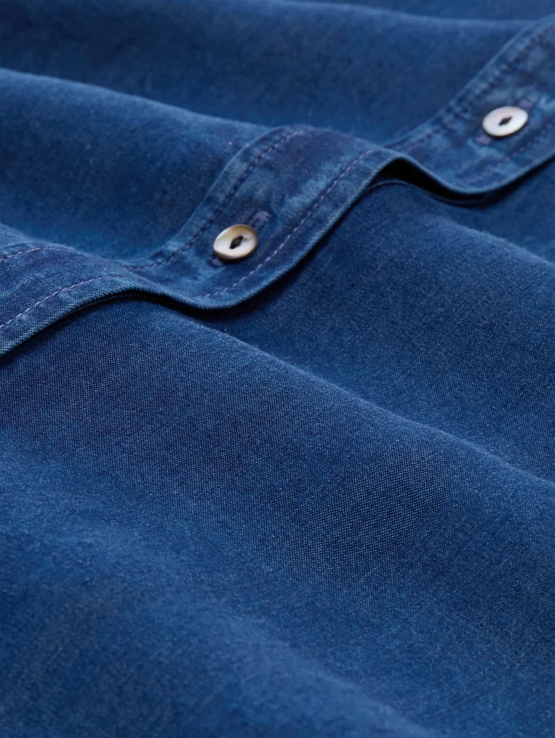 blouse denim look with bow tie, blue denim dark wash