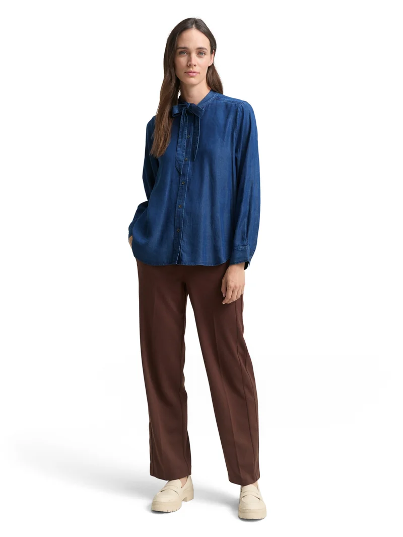 blouse denim look with bow tie, blue denim dark wash