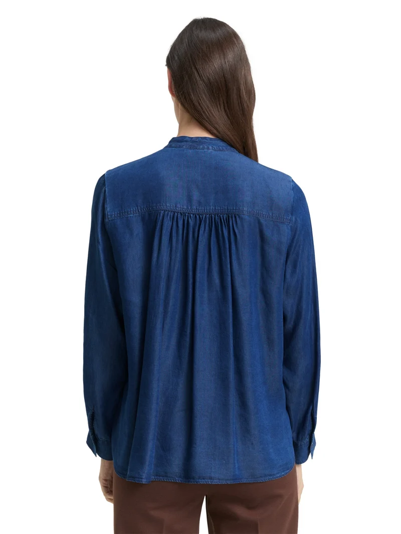 blouse denim look with bow tie, blue denim dark wash