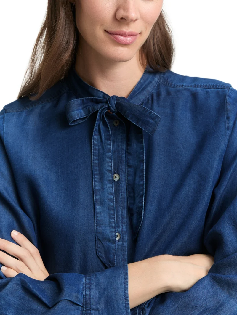 blouse denim look with bow tie, blue denim dark wash