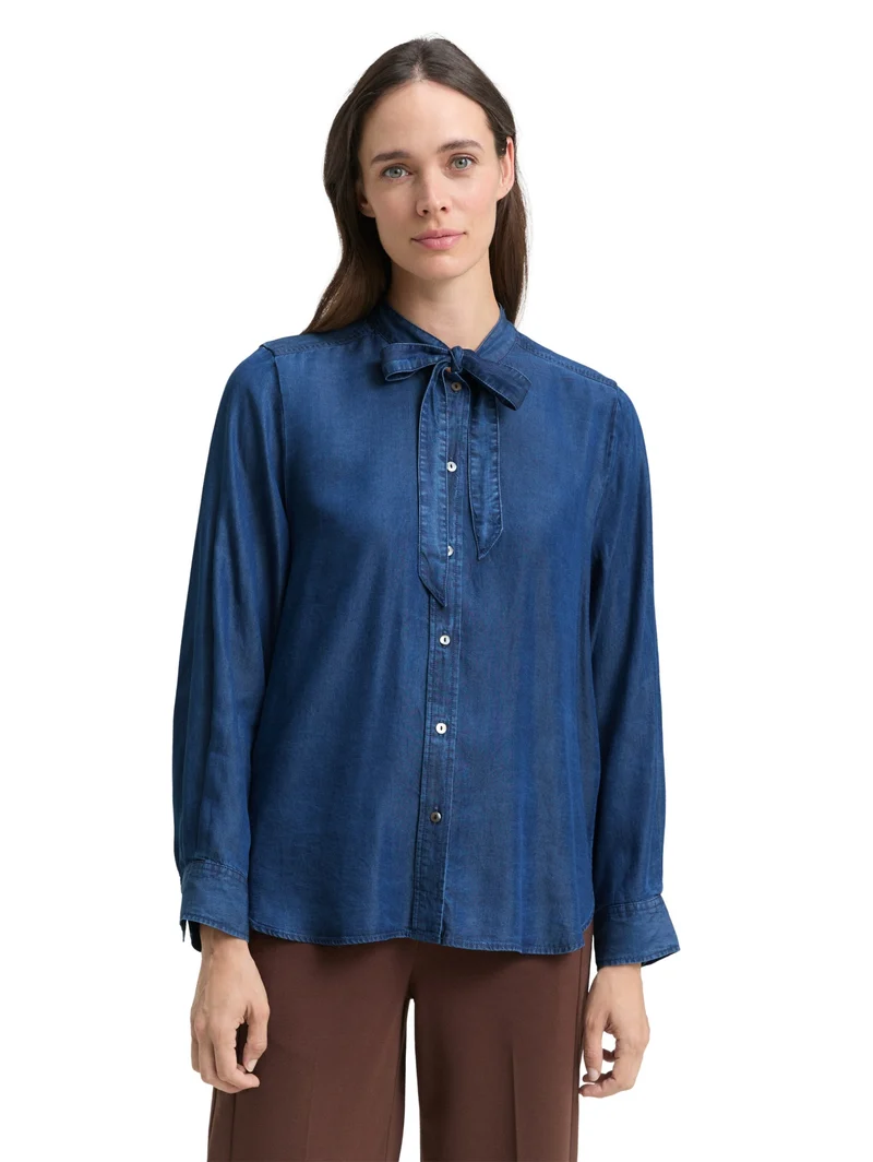 blouse denim look with bow tie, blue denim dark wash