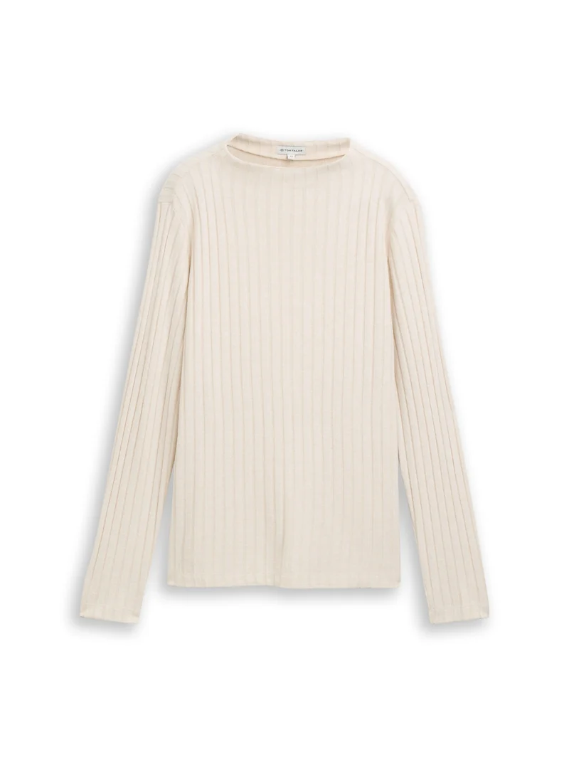 T-shirt cosy wide rib mock nec, sand stone beige melange