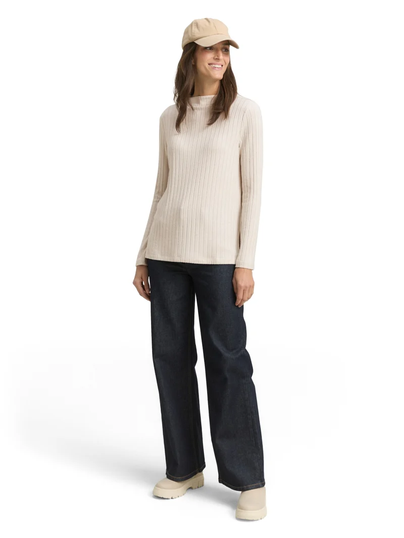 T-shirt cosy wide rib mock nec, sand stone beige melange