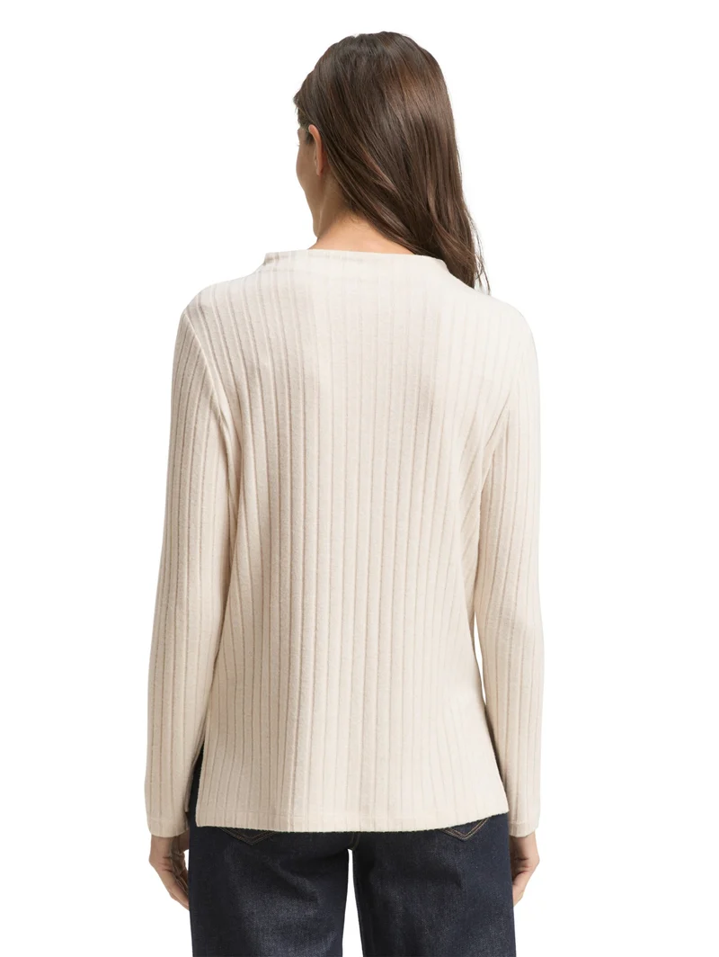 T-shirt cosy wide rib mock nec, sand stone beige melange