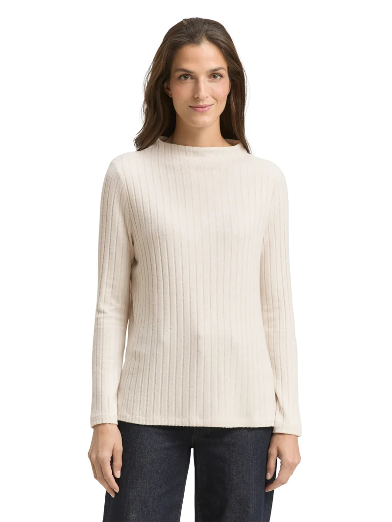 T-shirt cosy wide rib mock nec, sand stone beige melange