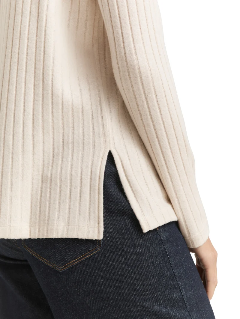 T-shirt cosy wide rib mock nec, sand stone beige melange