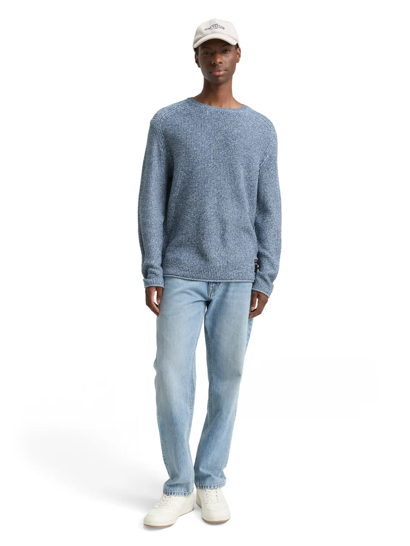 cosy structured two tone crew, denim blue white mouline