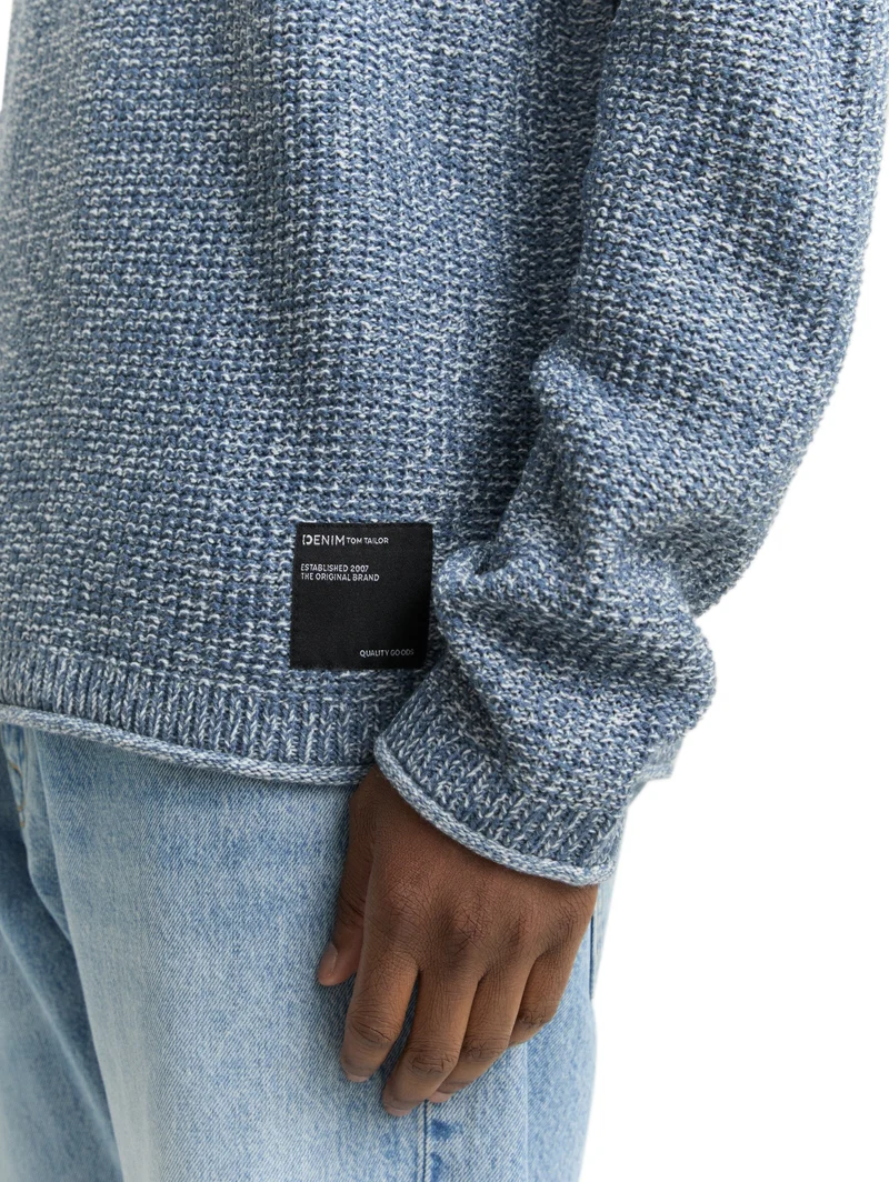 cosy structured two tone crew, denim blue white mouline