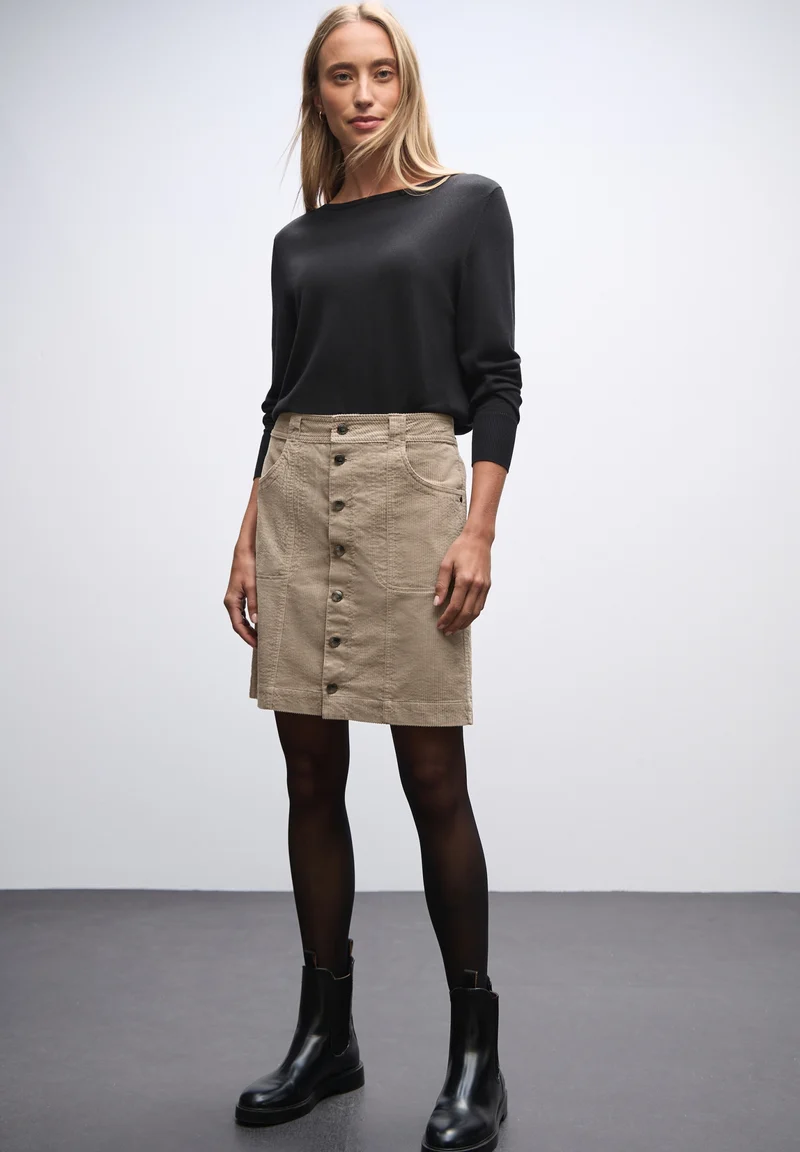 Button through corduroy skirt_, flowing beige