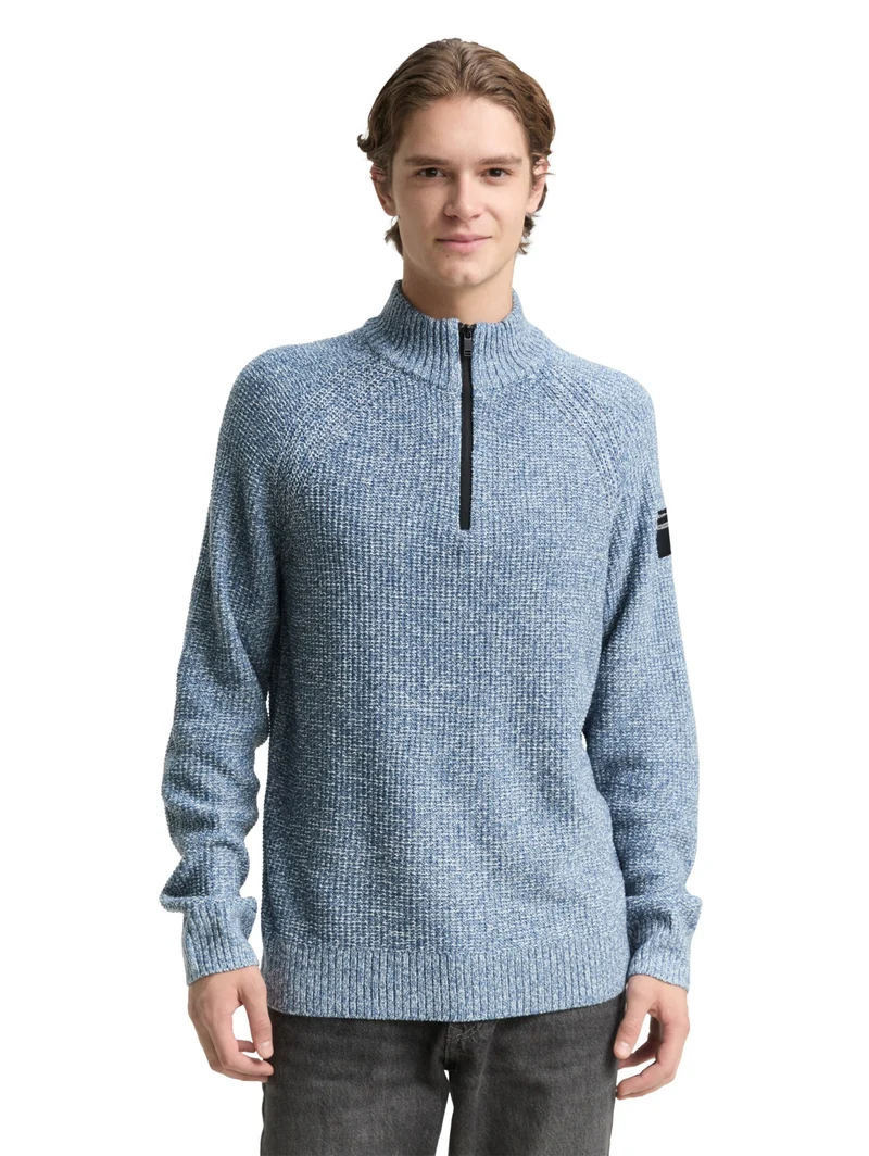 cosy structured two tone knit, denim blue white mouline
