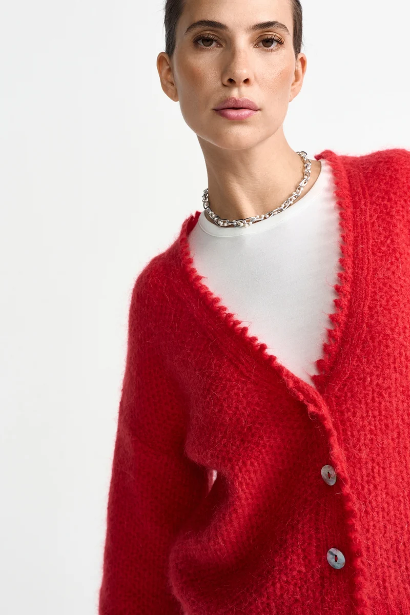 V-Neck Cardigan Tuck Stitch, holiday red