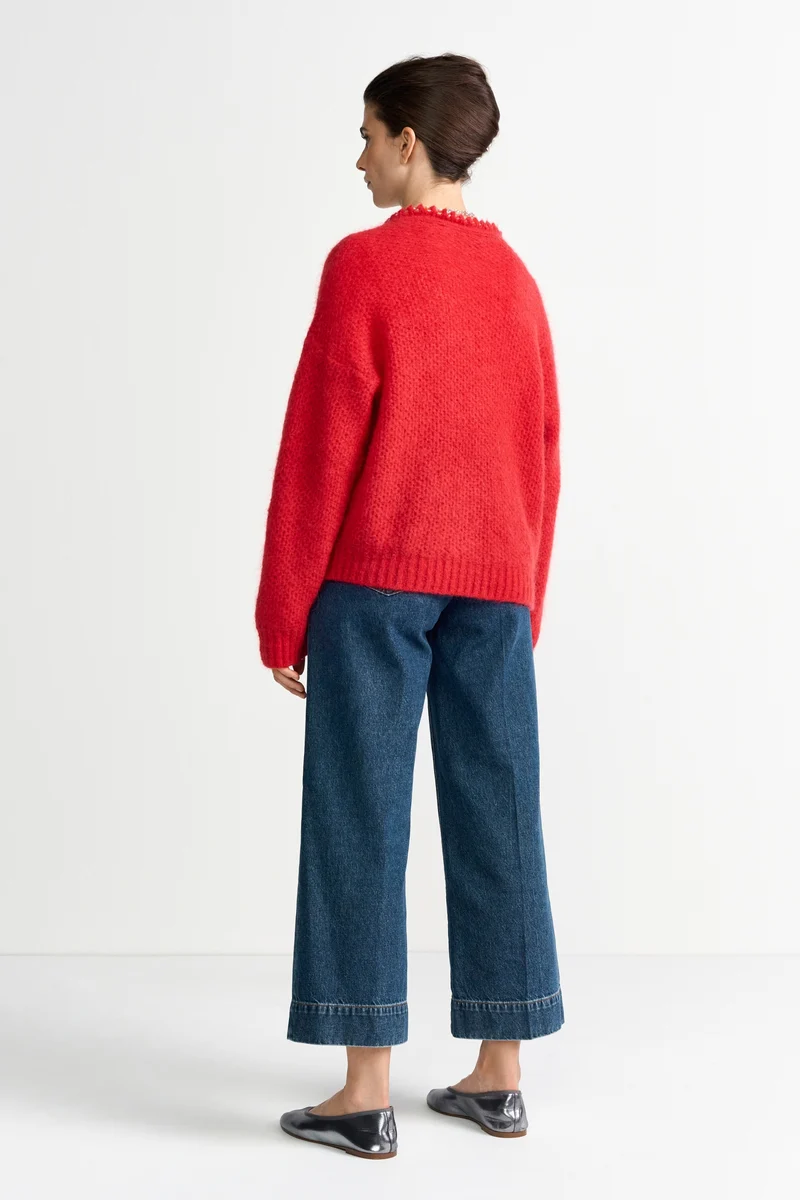 V-Neck Cardigan Tuck Stitch, holiday red