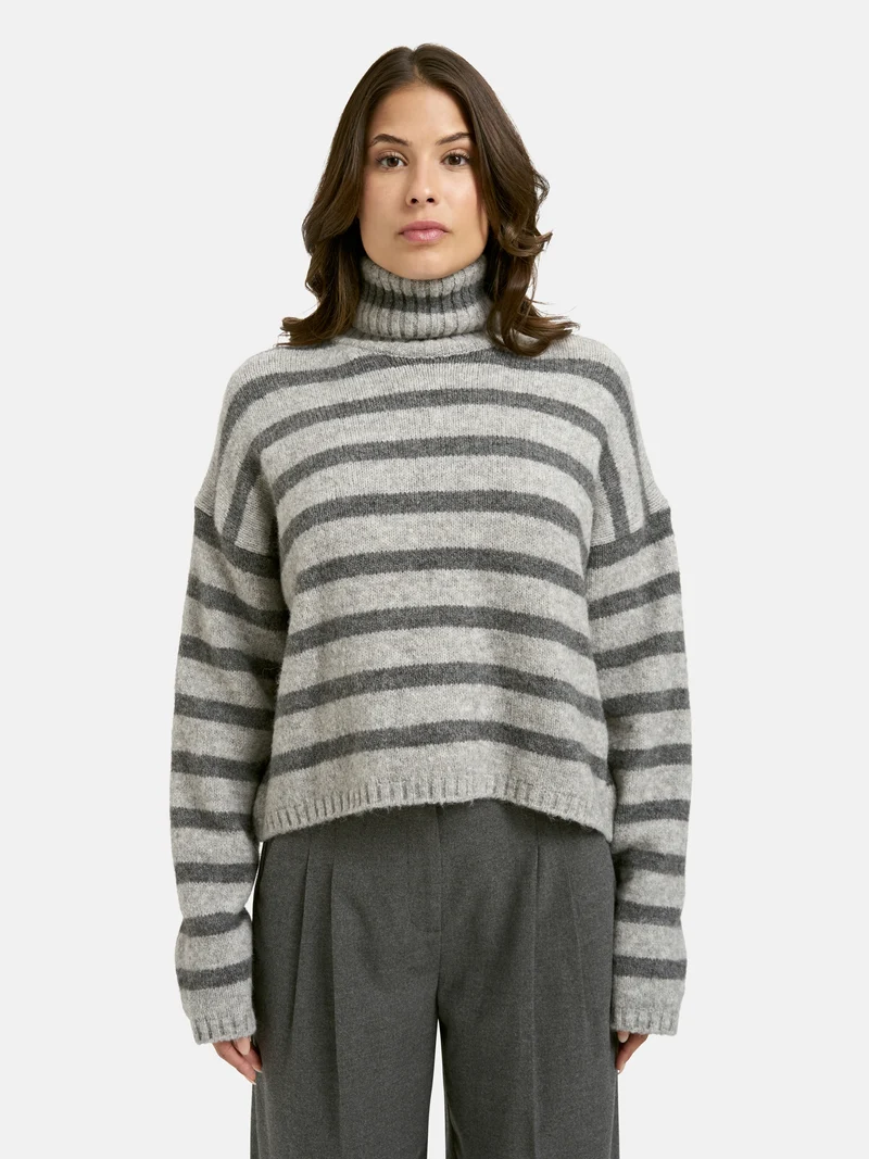 STRIPED BOXY TURTLE NECK PULLOVER, ANTHRACITE MEL.PRINT