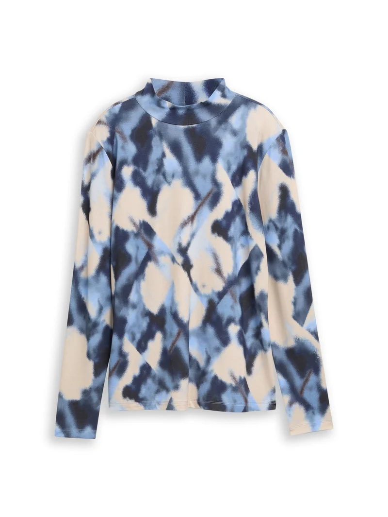 T-shirt mock neck alloverprint, blue blurry argyle