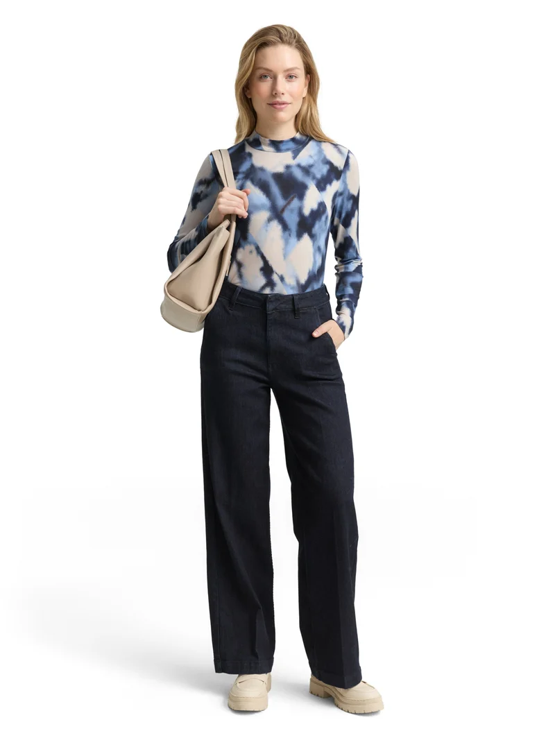 T-shirt mock neck alloverprint, blue blurry argyle
