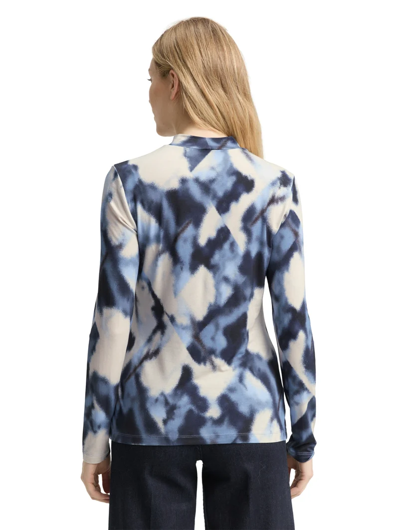 T-shirt mock neck alloverprint, blue blurry argyle