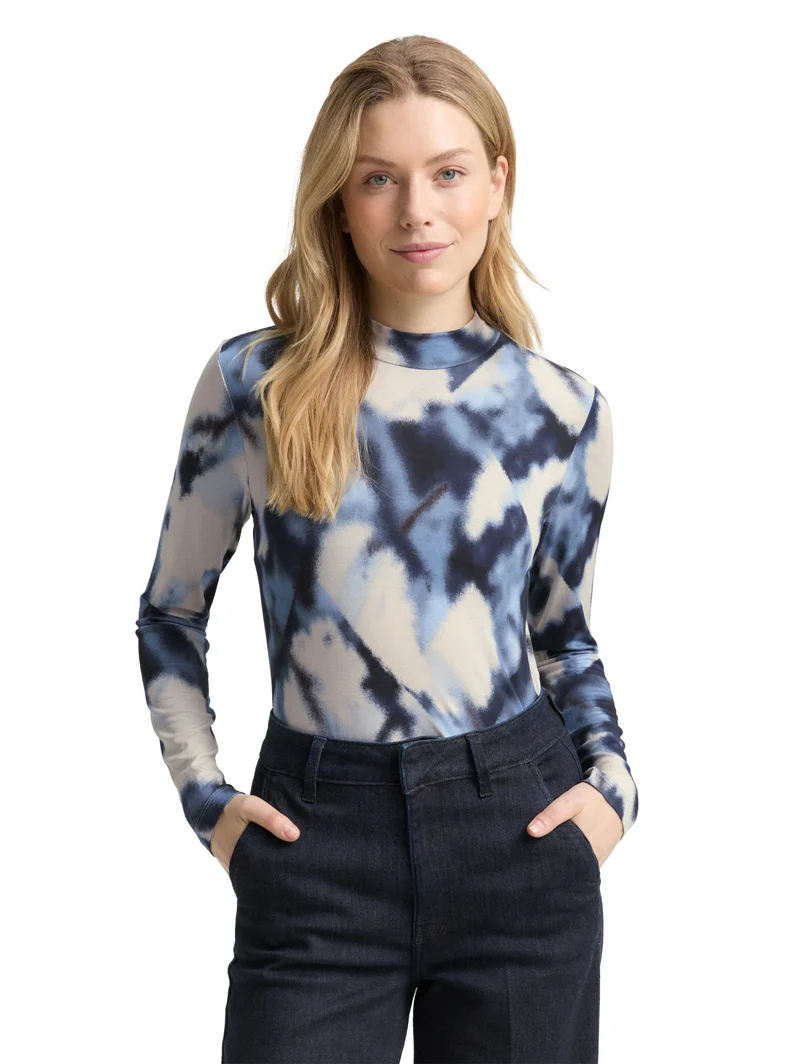 T-shirt mock neck alloverprint, blue blurry argyle