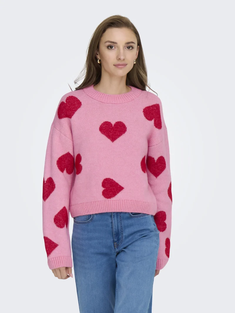 ONLHAPPIE LS PULLOVER KNT, Wild Rose/Salsa/Melange/Full Heart