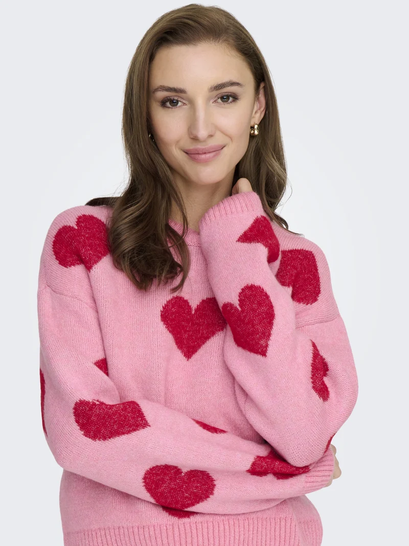 ONLHAPPIE LS PULLOVER KNT, Wild Rose/Salsa/Melange/Full Heart