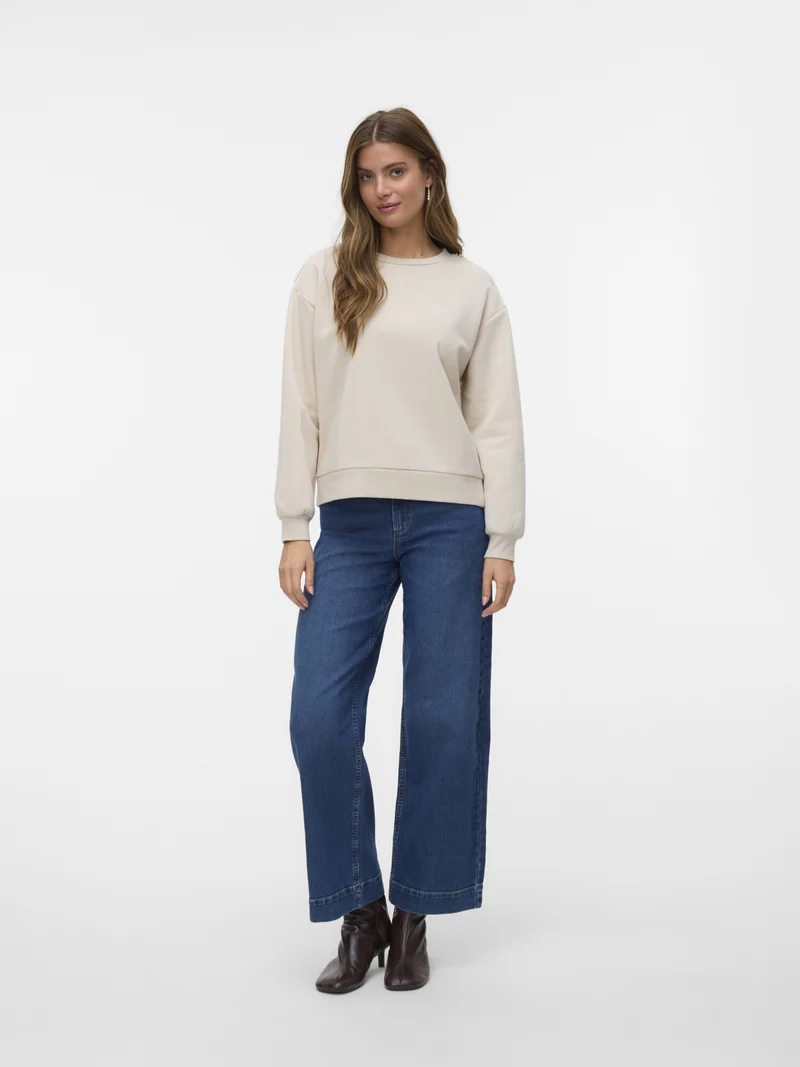 VMDAISY PEARL O-NECK SWEAT JRS GA B, Pumice Stone/Pearls on shoulder