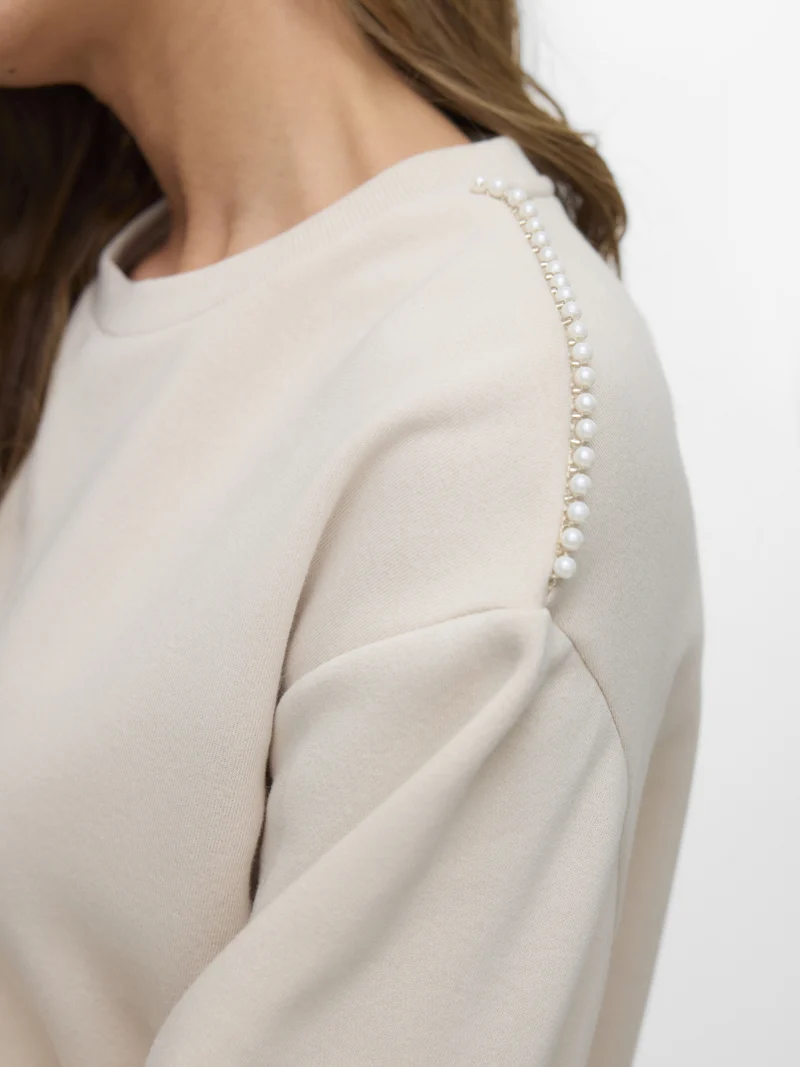 VMDAISY PEARL O-NECK SWEAT JRS GA B, Pumice Stone/Pearls on shoulder