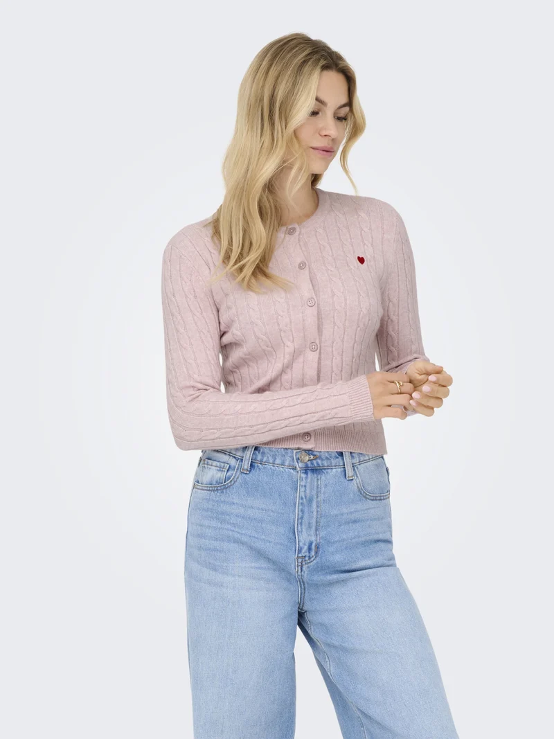 ONLKATIA LS CABLE BUTTON CARDIGAN C, Burnished Lilac/Mel/True Red Heart