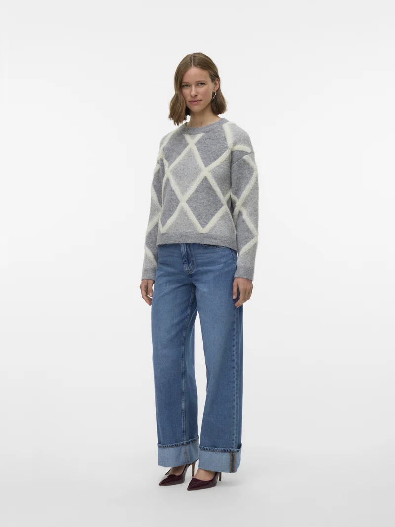 VMARGIE LS O-NECK PULLOVER, Medium Grey Melange/W. BIRCH