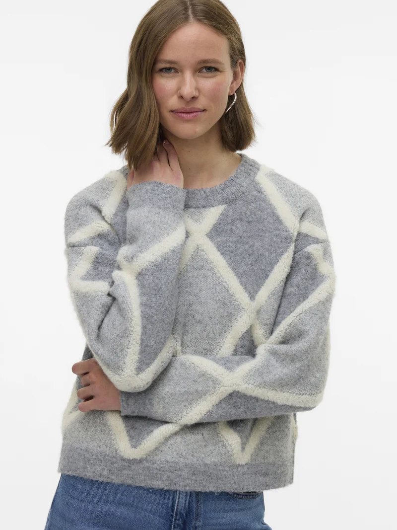 VMARGIE LS O-NECK PULLOVER, Medium Grey Melange/W. BIRCH
