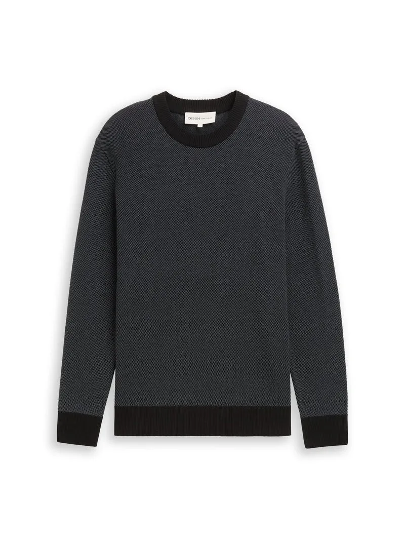 basic two tone crew neck knit, black grey structure