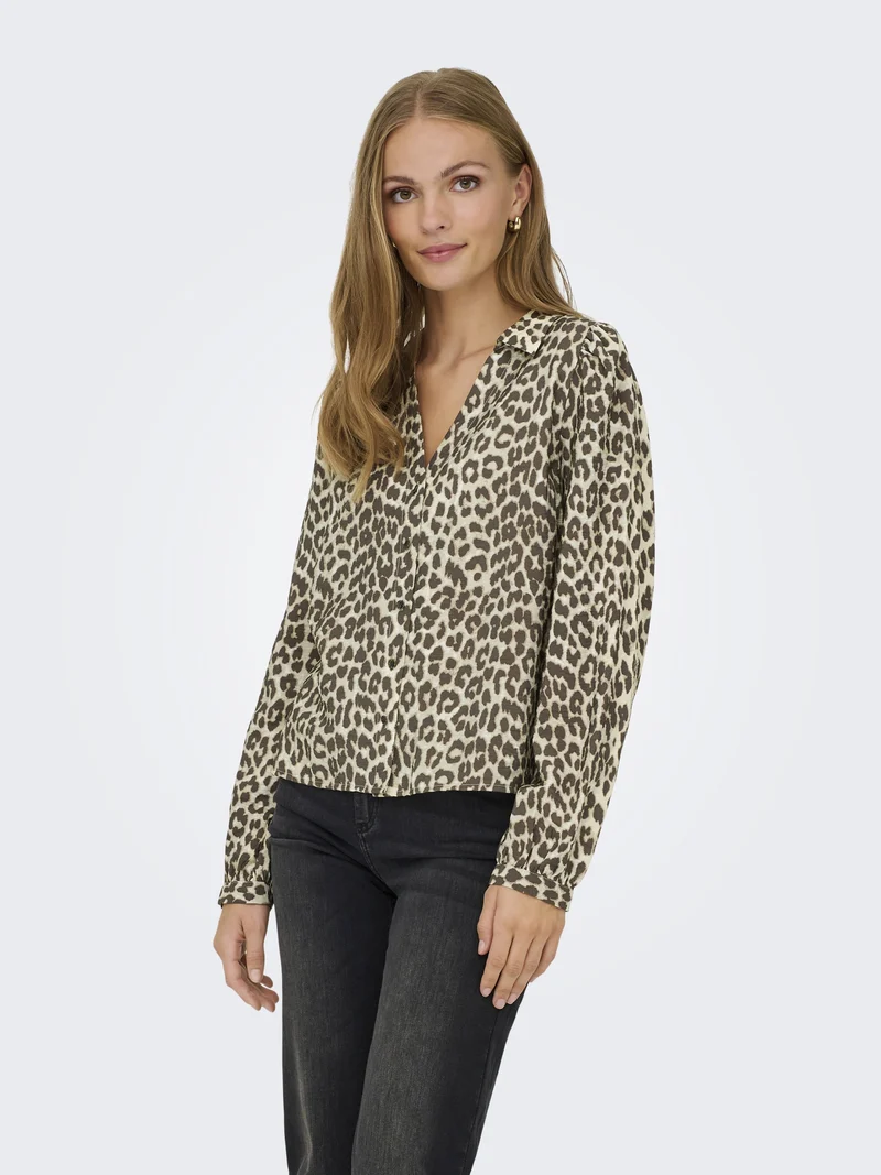 JDYBEATRICE LIFE L/S V-NECK SHIRT W, Birch/BROWN LEO