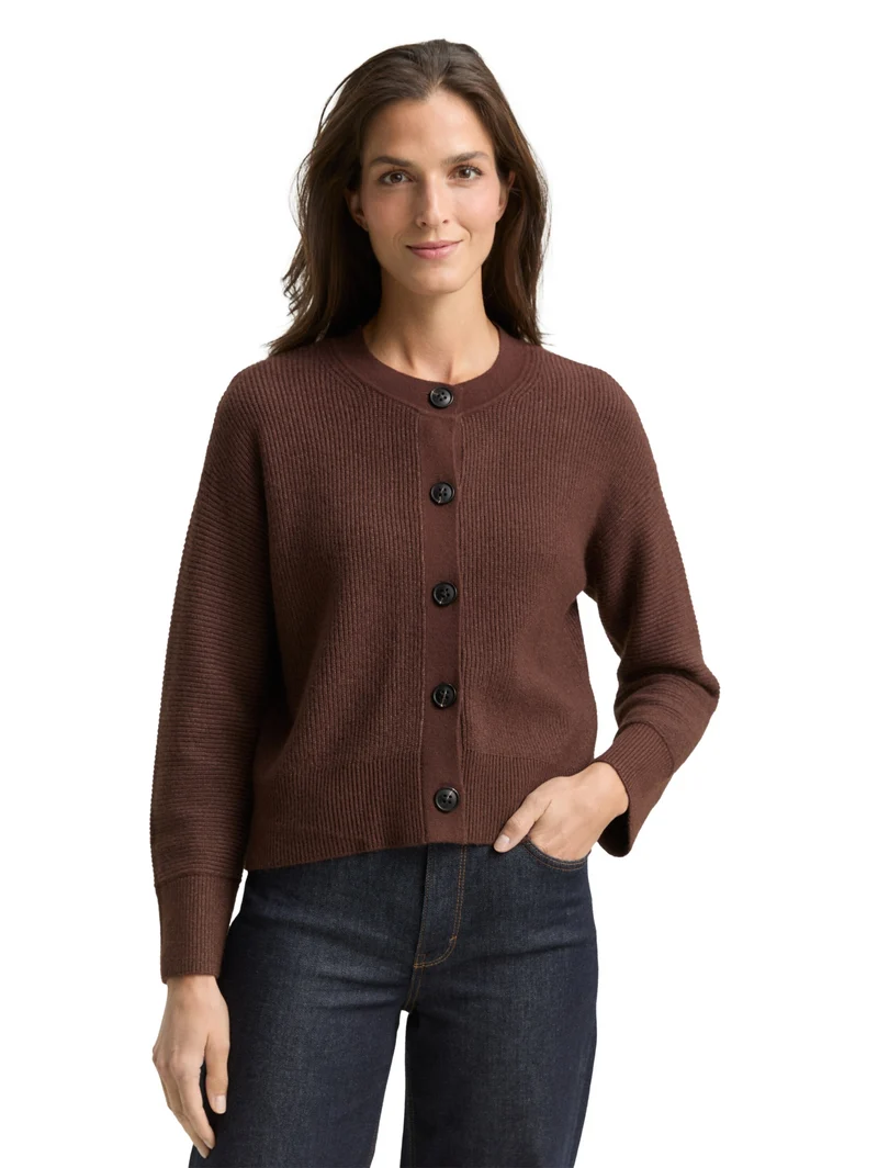 knit rib cardigan, dark pecan brown melange