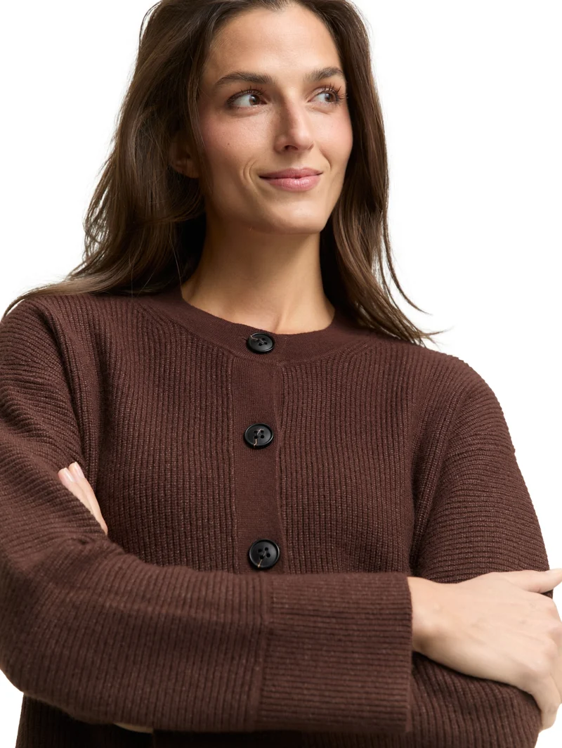 knit rib cardigan, dark pecan brown melange