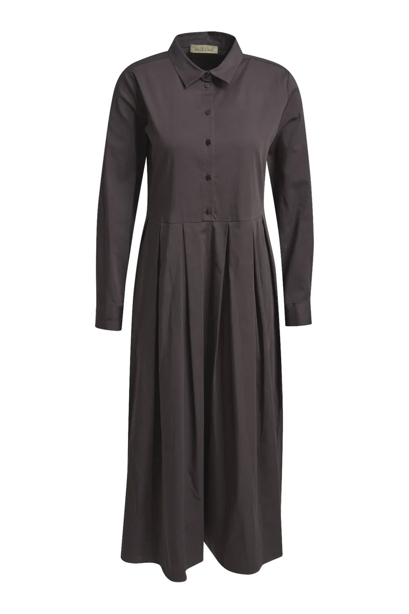 SOLID DRESS WITH PLEATS, CHOCO