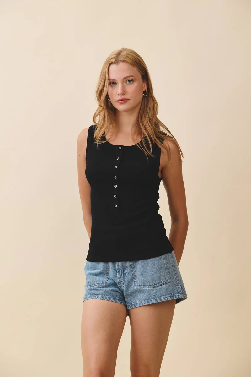 8571GK Ribbed Henley Tank Top: Oat / Contemporary / L