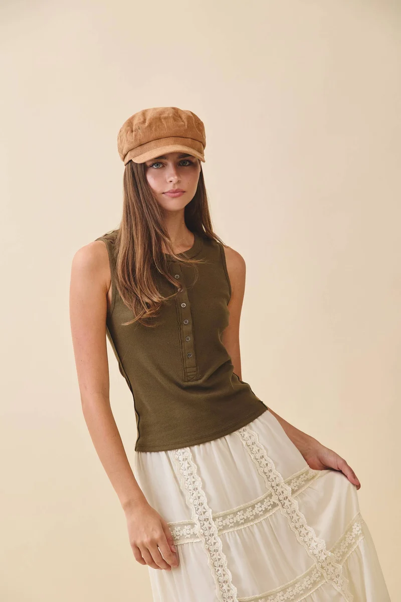 8571GK Ribbed Henley Tank Top: Olive / Contemporary / L