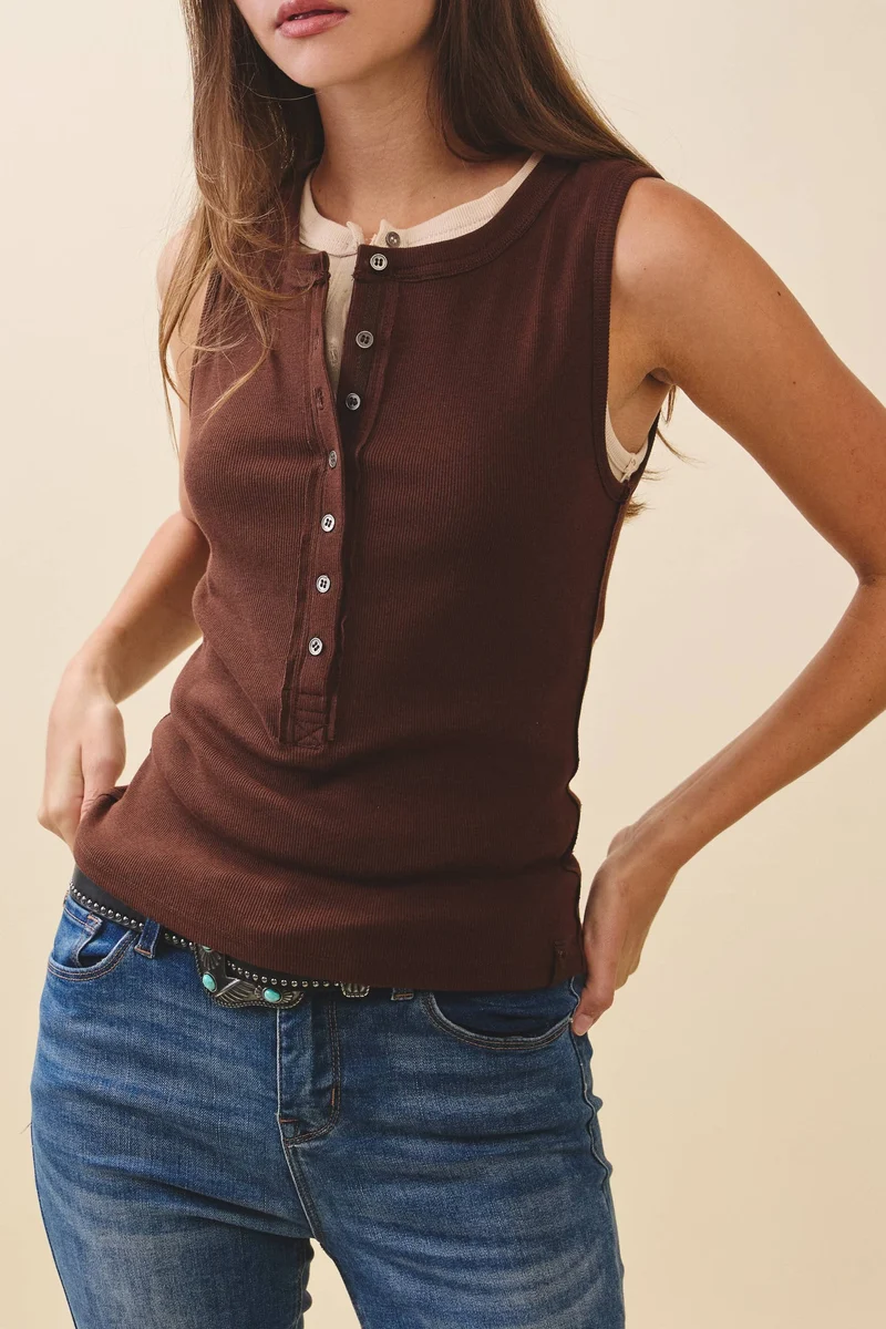 8571GK Ribbed Henley Tank Top: Olive / Contemporary / L